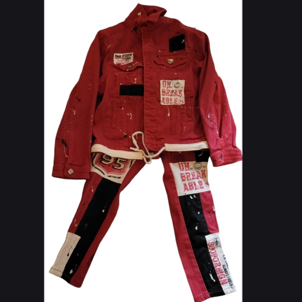Kleep Washed Denim Print Patch Jacket & Pants Set Streetwear Hip Hop Artsy